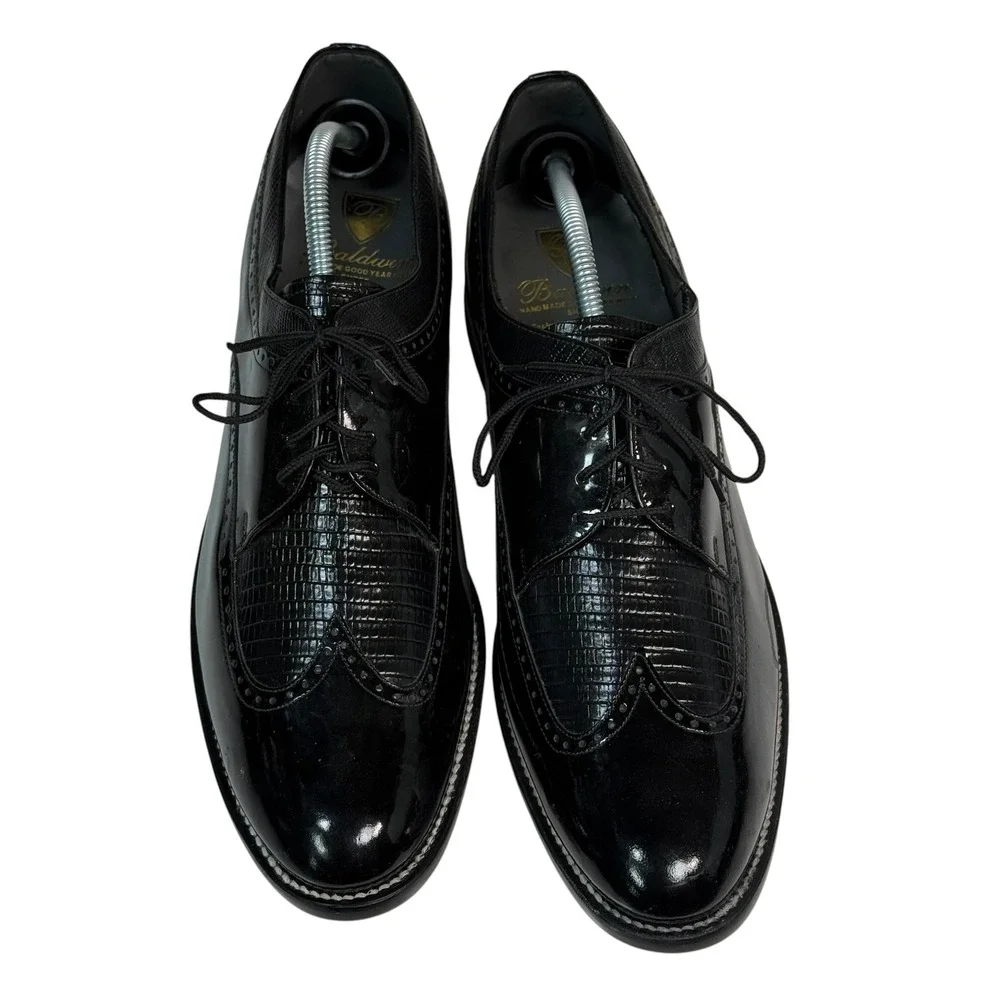 Baldwin Mens Black Patent Lizard Embossed Wingtip Oxford Dress Shoes Size‎ 12
